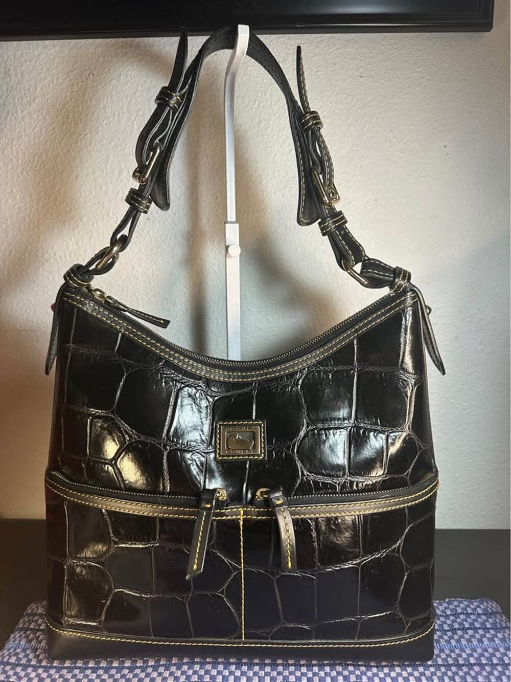 Dooney & Bourke Black Croc-Embossed Leather Hobo Bag